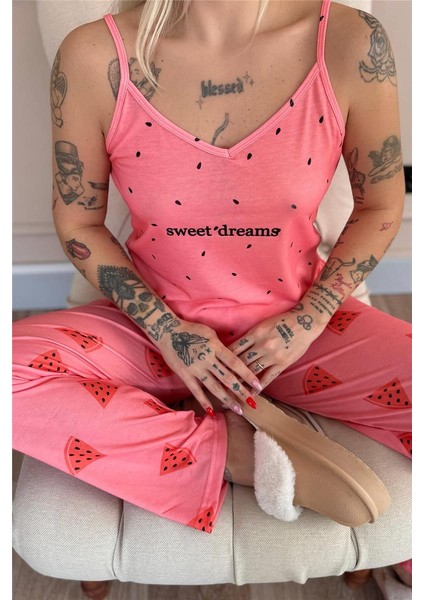 Pudra Sweet Dreams Baskılı Ip Askılı Örme Kadın Pijama Takımı indirimleri