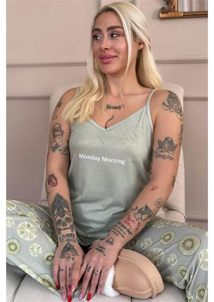 Yeşil Monday Morning Baskılı Ip Askılı Örme Kadın Pijama Takımı