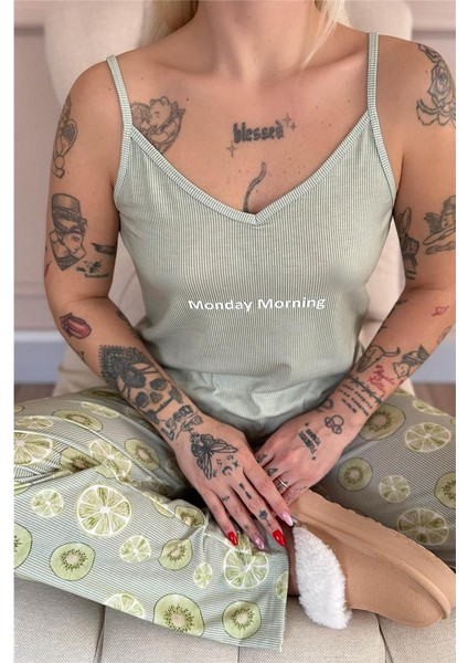 Yeşil Monday Morning Baskılı Ip Askılı Örme Kadın Pijama Takımı indirimleri