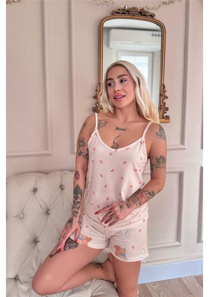 Açık Pudra Bear Desenli Ip Askılı Şortlu Kadın Pijama Takımı fiyatları