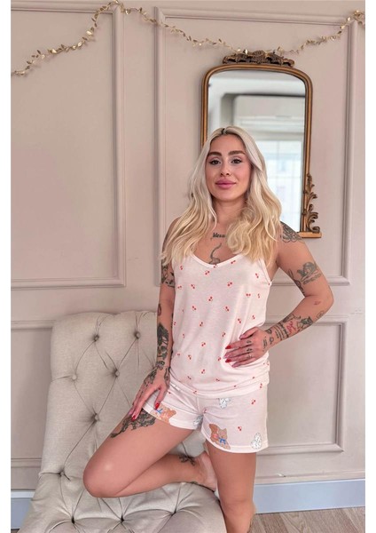 Açık Pudra Bear Desenli Ip Askılı Şortlu Kadın Pijama Takımı fırsatları