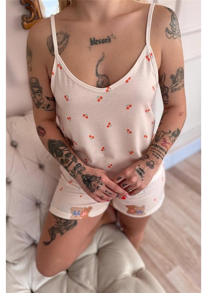 Açık Pudra Bear Desenli Ip Askılı Şortlu Kadın Pijama Takımı indirimleri