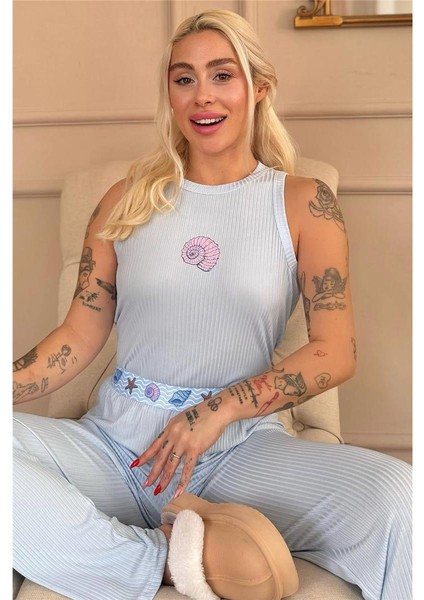 Mavi Marin Desenli Örme Sıfır Kol Kadın Pijama Takımı