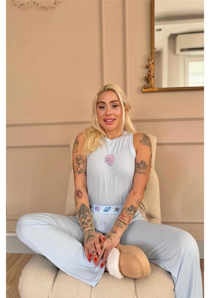 Mavi Marin Desenli Örme Sıfır Kol Kadın Pijama Takımı