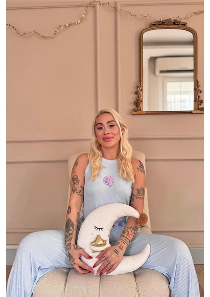 Mavi Marin Desenli Örme Sıfır Kol Kadın Pijama Takımı