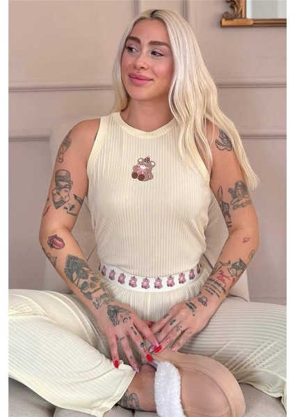 Vanilya Teddy Bear Desenli Örme Sıfır Kol Kadın Pijama Takımı