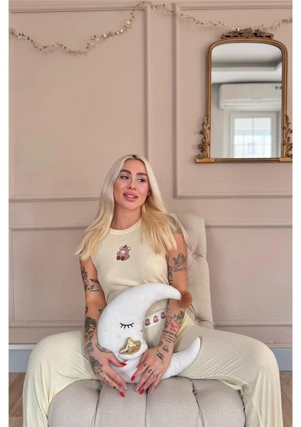 Vanilya Teddy Bear Desenli Örme Sıfır Kol Kadın Pijama Takımı fırsatları