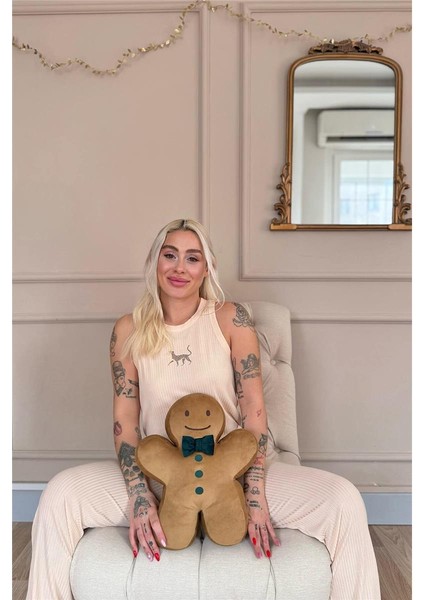 Bej Savannah Leopar Desenli Örme Sıfır Kol Kadın Pijama Takımı
