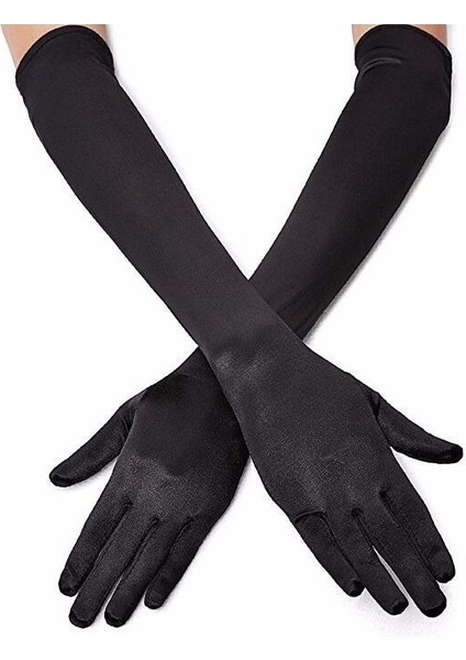 Siyah Renk Dirseğe Kadar Uzun Kumaş Eldiven (4172)