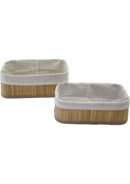 2li Dikdörtgen Bambu Kenar Organizer Sepet Ahşap Altlık - Bezli 19X27X10 cm - 15X24X8 cm