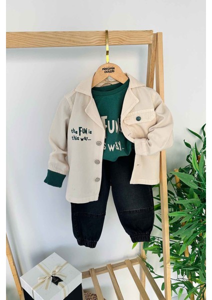 Fun Baskılı Keten Ceketli Erkek Çocuk 3 Lü Kot Pantolonlu takım - Yeşil
