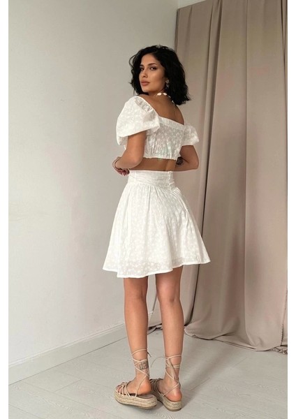 Ekru Brode Crop ve Mini Etek Takım