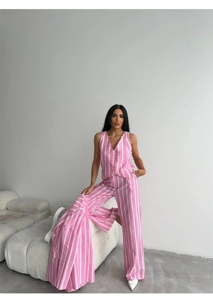 Çizgili Ceket Keten - Pembe
