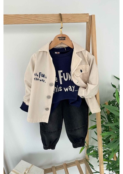 Fun Baskılı Keten Ceketli Erkek Çocuk 3 Lü Kot Pantolonlu takım - Lacivert