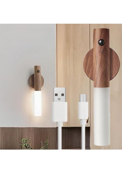 Modern Sensörlü USB Şarjlı Mıknatıslı Taşınabilir Duvar Aplik Masa Lambası Ahşap Görünümlü Gün Işığ