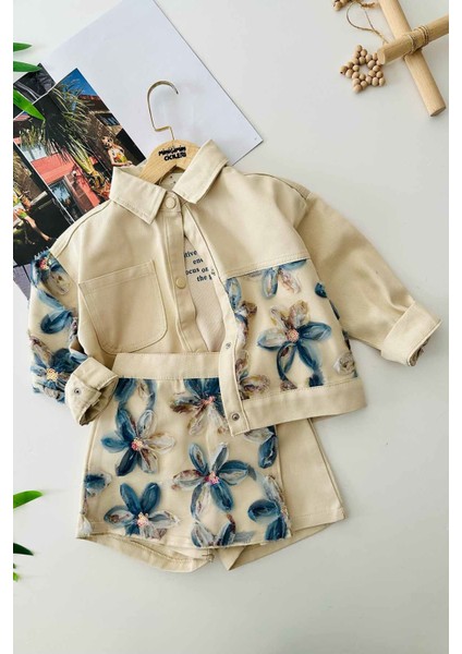 Dokulu Kız Çocuk Payet Detaylı Kız Çocuk 3 lü takım Bej