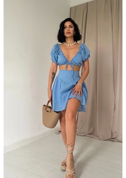 Mavi Brode Crop ve Mini Etek Takım