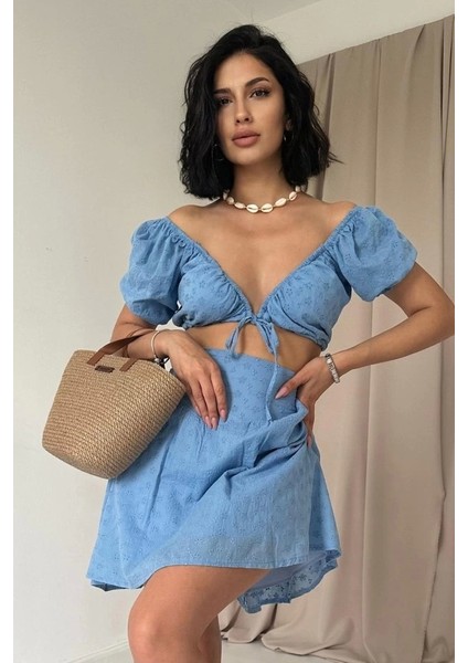 Mavi Brode Crop ve Mini Etek Takım