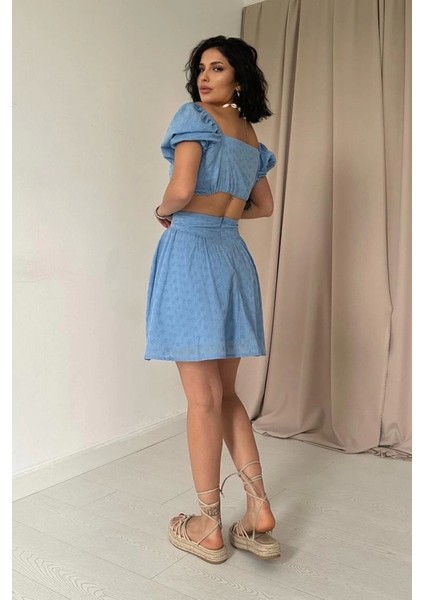Mavi Brode Crop ve Mini Etek Takım