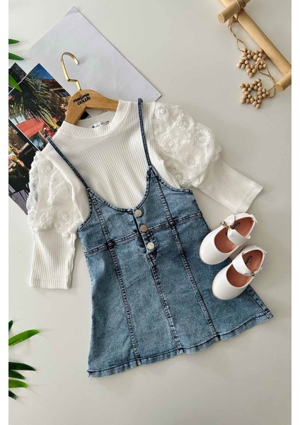 Kot Jileli Kol Detaylı Kız Çocuk 2 li takım - Mavi