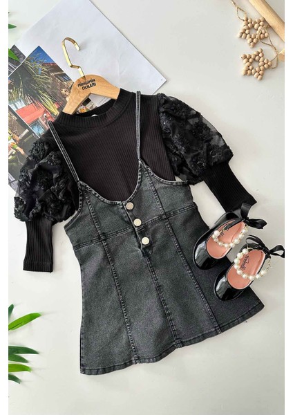 Kot Jileli Kol Detaylı Kız Çocuk 2 li takım - Siyah