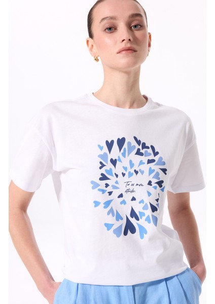 Bisiklet Yaka Baskılı Beyaz Kadın T-Shirt F5SL-TST0425
