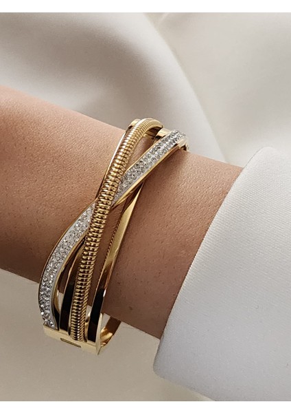 Bohem Çapraz Taşlı Çelik Bileklik Gold Dorika