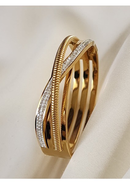 Bohem Çapraz Taşlı Çelik Bileklik Gold Dorika fırsatları