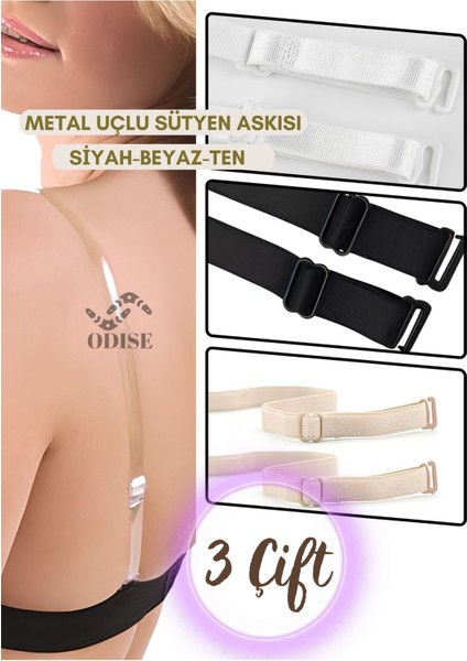 3 Çift Metal Uçlu Siyah-Beyaz-Ten Sütyen Askısı
