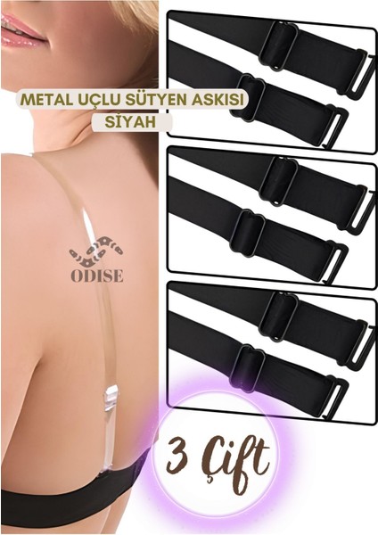 3 Çift Metal Uçlu Siyah Sütyen Askısı