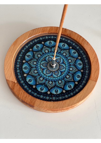Ahşap Üzerine Epoksi Mandala Desenli Yuvarlak Tütsülük -12 cm Çap- Mavi