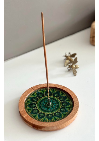 Ahşap Üzerine Epoksi Mandala Desenli Yuvarlak Tütsülük -12 cm Çap- Yeşil