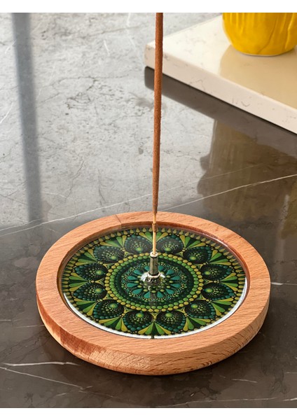 Ahşap Üzerine Epoksi Mandala Desenli Yuvarlak Tütsülük -12 cm Çap- Yeşil