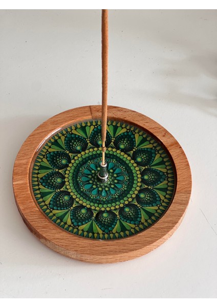 Ahşap Üzerine Epoksi Mandala Desenli Yuvarlak Tütsülük -12 cm Çap- Yeşil