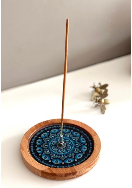 Ahşap Üzerine Epoksi Mandala Desenli Yuvarlak Tütsülük -12 cm Çap- Mavi fiyatları