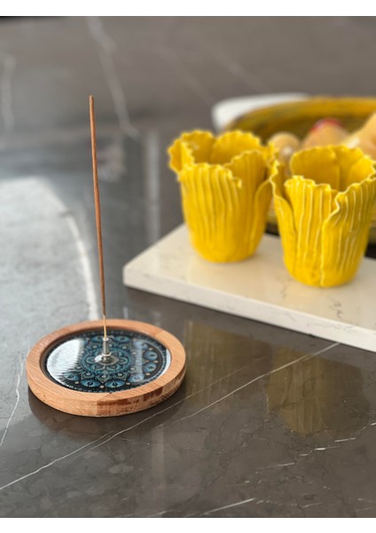 Ahşap Üzerine Epoksi Mandala Desenli Yuvarlak Tütsülük -12 cm Çap- Mavi modelleri