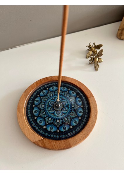 Ahşap Üzerine Epoksi Mandala Desenli Yuvarlak Tütsülük -12 cm Çap- Mavi fırsatları