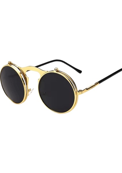 Retro Flip Yuvarlak Güneş Gözlüğü Erkek Kadın Metal Steampunk Tarzı Güneş Gözlüğü Erkek Kadın Çift Dairesel Şeffaf Lens Gözlük Camları Renk:altıngri (Yurt Dışından)