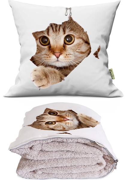 Sevimli Kedi Desenli Iç Dolgusu Battaniyeli Araç Içi Opsiyonel Yastık 36X36CM
