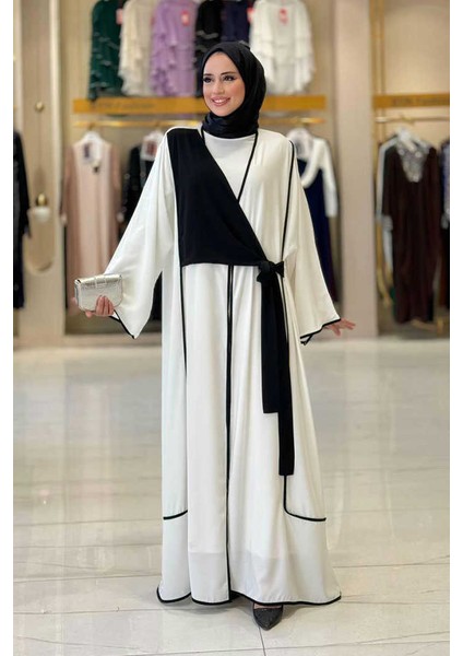 Önden Bağlama Detaylı Abaya 70005 Ekru
