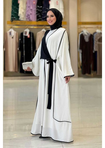 Önden Bağlama Detaylı Abaya 70005 Ekru modelleri