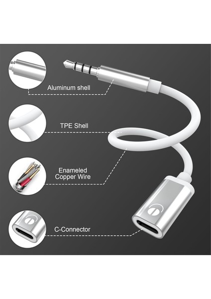 3.5mm Erkek - Tip C Dişi Ses Kablosu, Analog Jak Kulaklık Adaptörü Mp3 Çalar, Dizüstü Bilgisayar, Tablet Için (Yurt Dışından)