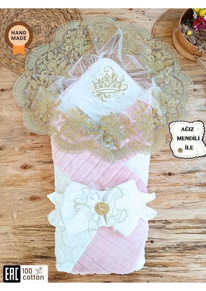Pamuklu & Kışlık Unisex Bebek Kundağı - Gold Dantelli Bebek Battaniyesi & Hastane Çıkışı
