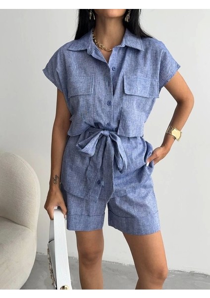 Keten Bağlamalı Kolsuz Gömlek - Duble Paça Şort Takım - Lacivert fiyatları