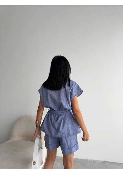 Keten Bağlamalı Kolsuz Gömlek - Duble Paça Şort Takım - Lacivert fırsatları