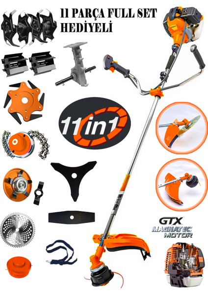 Alman EF-990 11 In 1 Pcs Full Set Yan Tipi Benzinli Tırpan +Toprak Eşeleme+Akrobat Çapa Roket Başlık