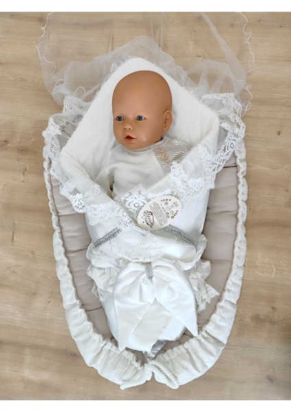 Ekru Kız Erkek Bebek Battaniyesi Kundağı %100 Pamuklu Dantelli Yenidoğan Hastane Çıkışı Mevlütlük KND45369 fiyatları