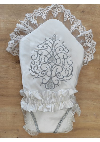 Ekru Kız Erkek Bebek Battaniyesi Kundağı %100 Pamuklu Dantelli Yenidoğan Hastane Çıkışı Mevlütlük KND45369 fırsatları