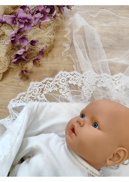 Ekru Kız Erkek Bebek Battaniyesi Kundağı %100 Pamuklu Dantelli Yenidoğan Hastane Çıkışı Mevlütlük KND45369