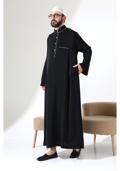 Erkek Hac ve Umre Kıyafeti Hakim Yaka Uzun Dubai Krep Cellabiye Fistan - Siyah